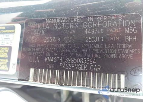 2016 Kia Optima Lx из США, поврежденный, VIN KNAGT4L39G5085594